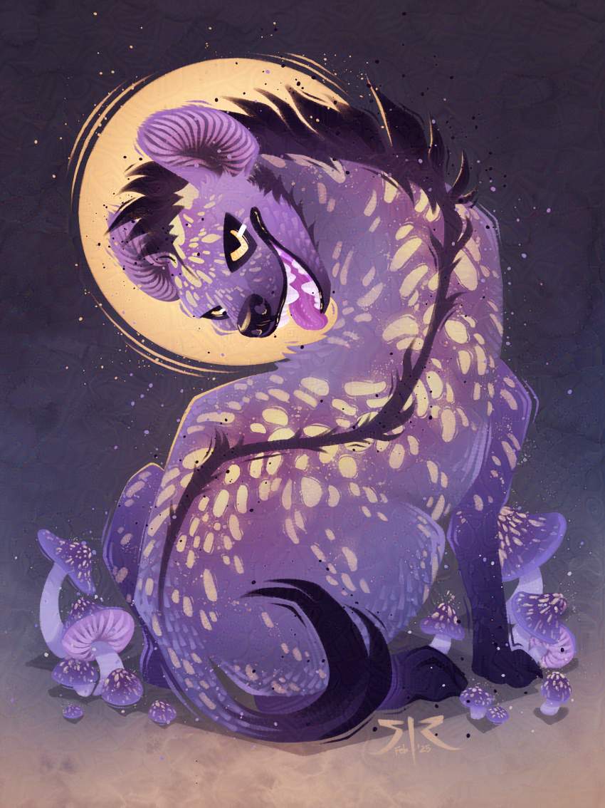 A purple hyena with yellow spots sits among spotted cort mushrooms, also purple with yellow spots. A yellow halo behind the Hyena's head casts a warm glow echoed by the glowing spots on her body. Her ears have gills like the bottoms of the mushrooms.