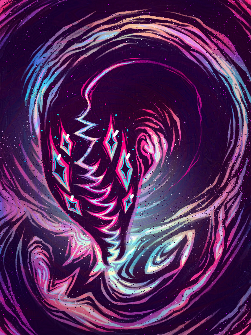 A dark purple worm with six eyes and a vertical, toothy mouth dissolves into rainbow colors at the edges.