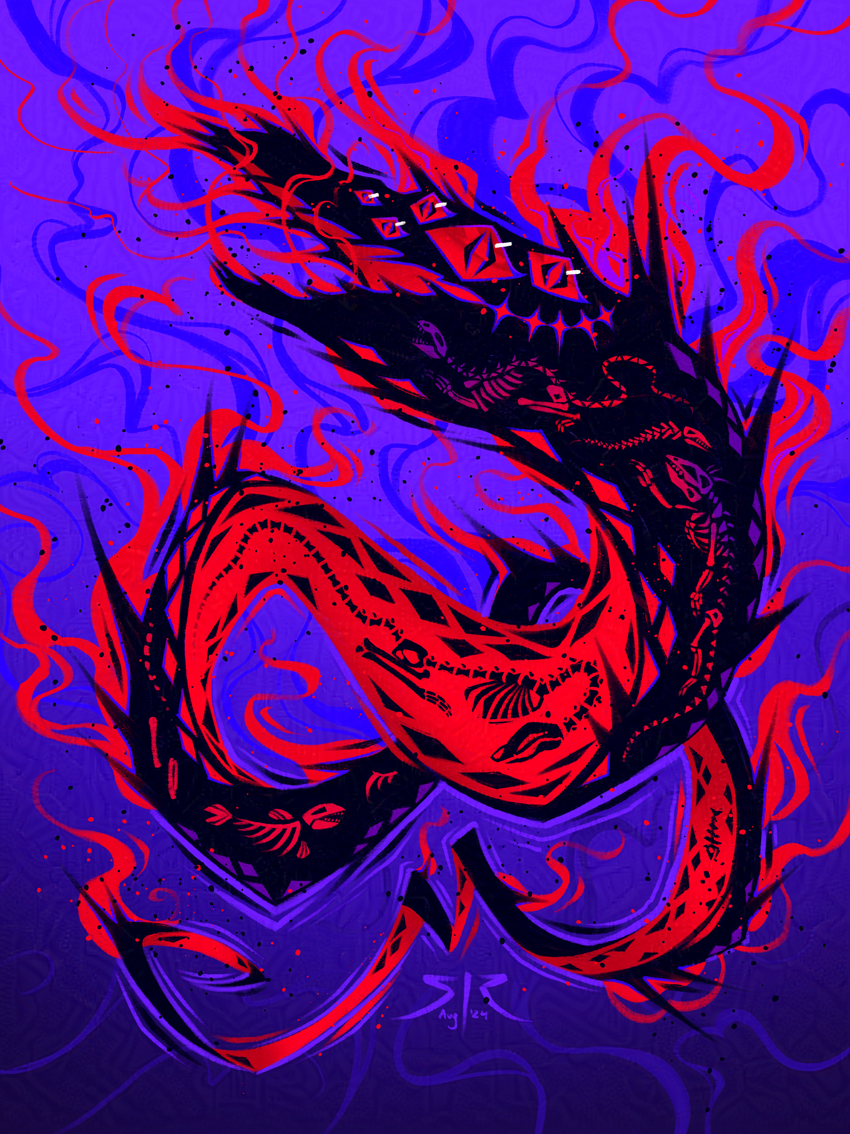 A black and red worm with spines all over its body on a blue background. Skeletons of eaten prey visible in its body.