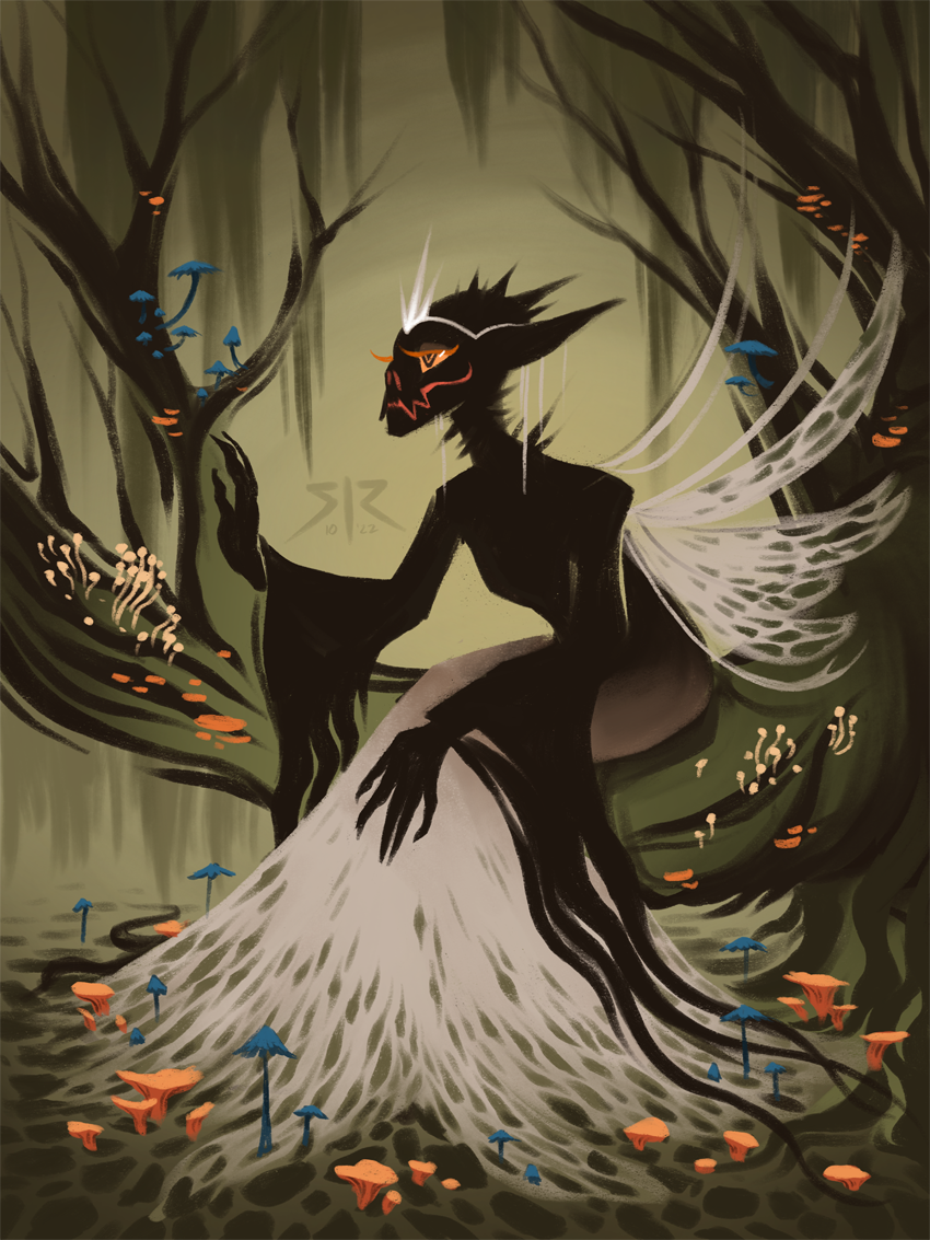 A black fairy with a skull-like face and a dress made of fungal webbing sits in a swampy forest.