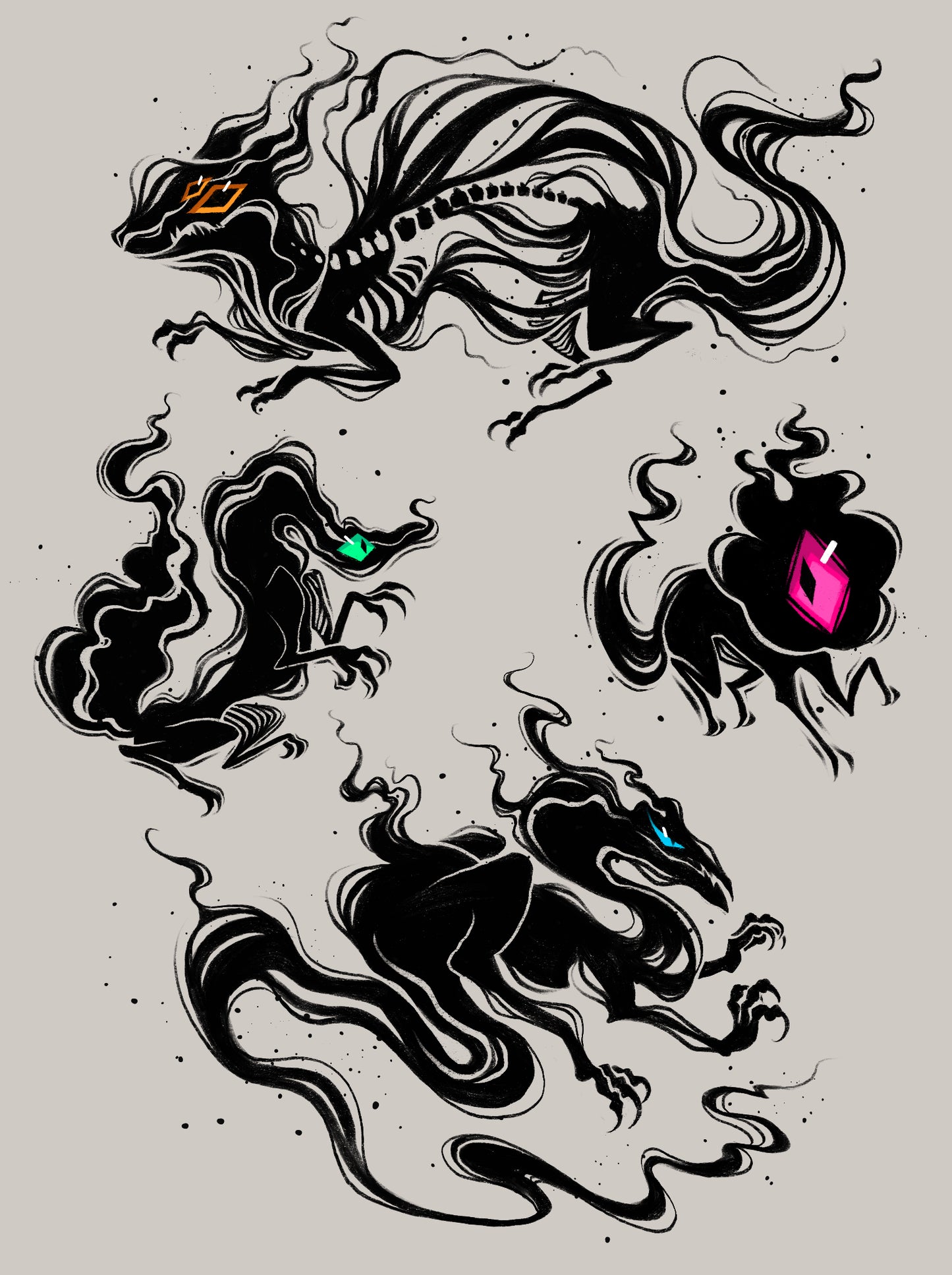 Flash Sheet 2. Features an assortment of small 2-3 color tattoo designs of creature silhouettes in black with colored accents.