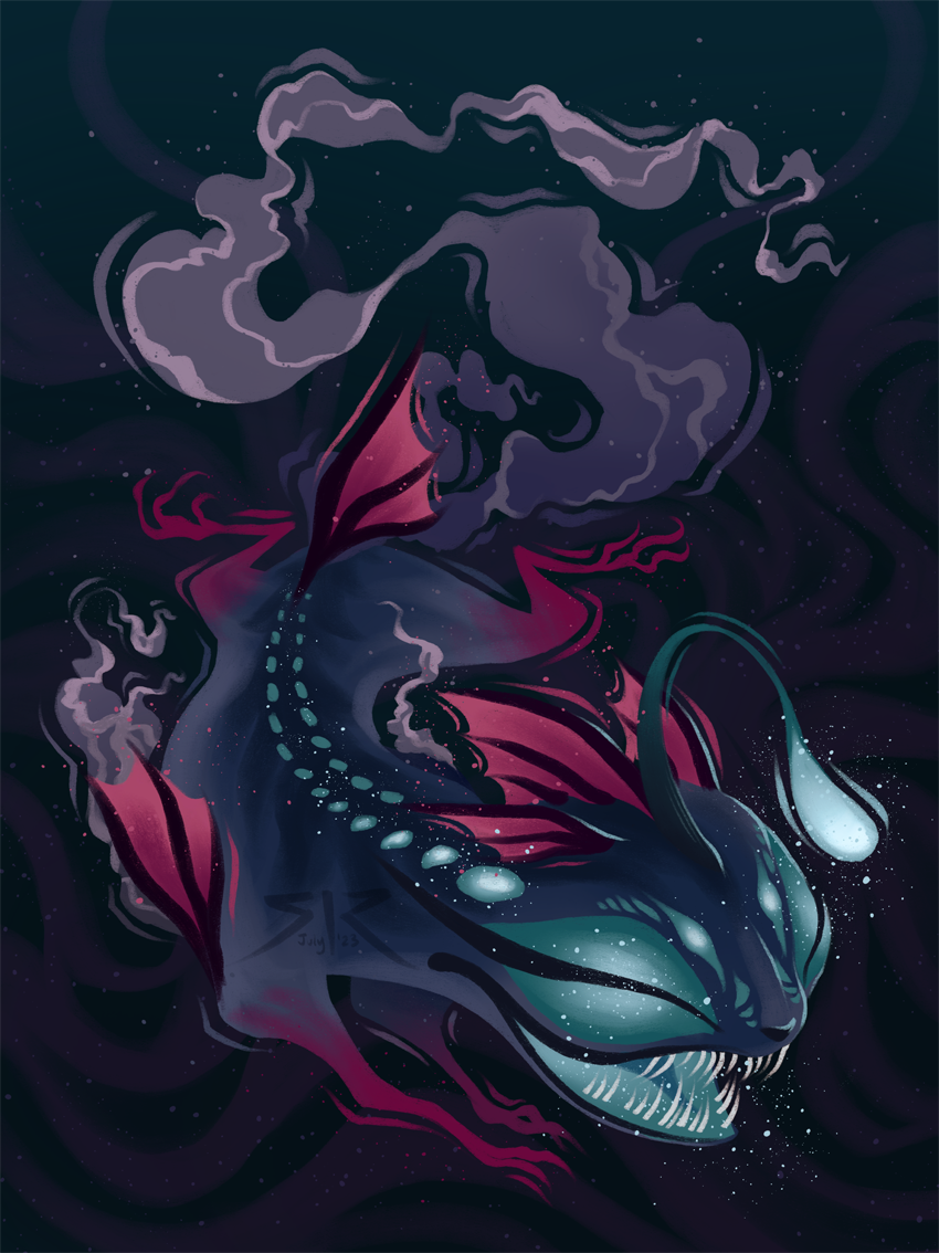 A four-legged deep sea creature with a head resembling angler fish and a long flowing tail on a dark blue-green background.