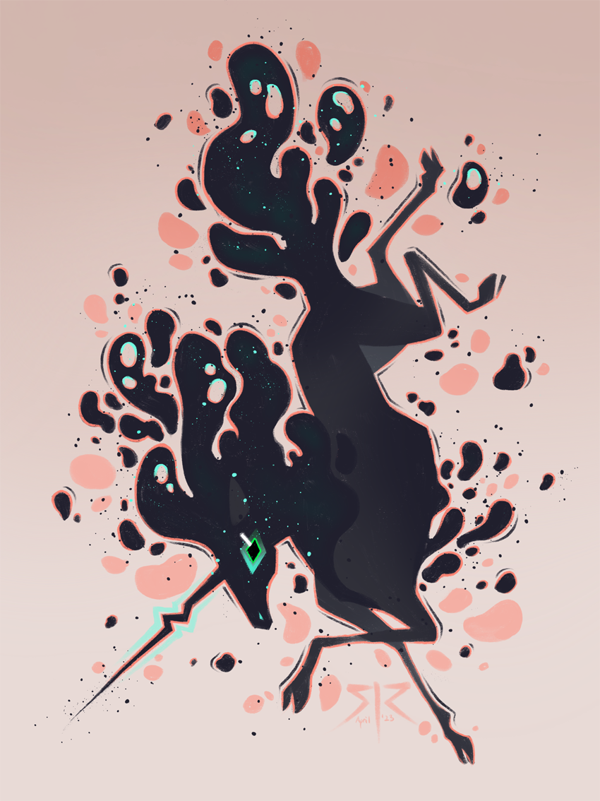 A black unicorn with a blobby ink texture hovers on a pale pink background. It has a green eye and a crooked horn.