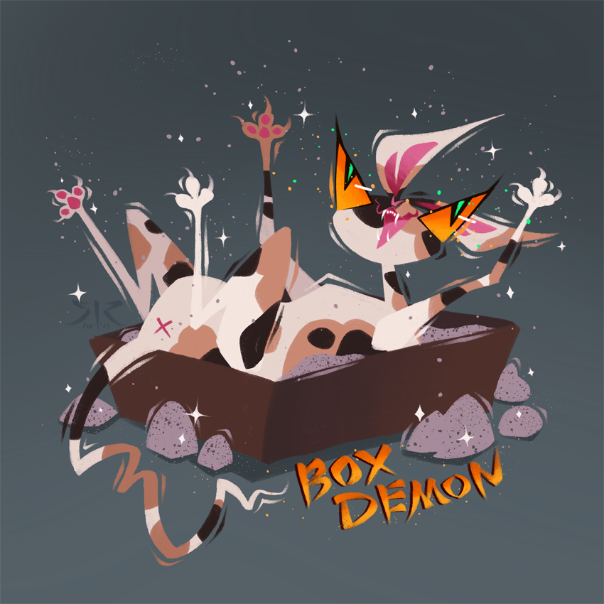 A calico cat rolls on its back in a litterbox, flinging grains in the air. It looks delighted. Features text "Box Demon".