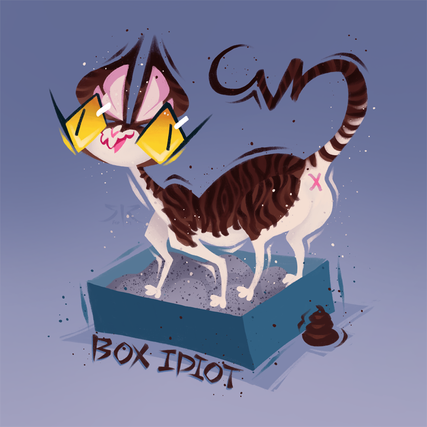 A wall-eyed brown and white tabby stands in a litterbox pooping just outside of the box. Features text "Box Idiot"