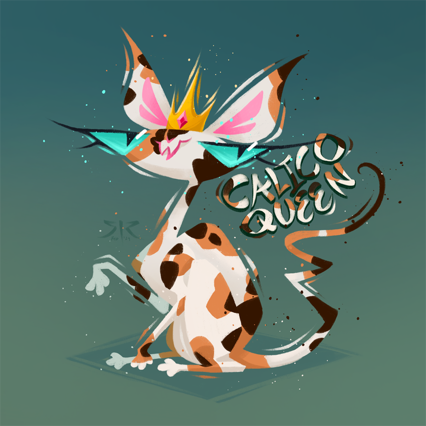 A calico cat with blue eyes wears a crown, sitting primly. Features text: "Calico Queen".