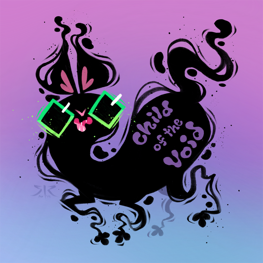 A black cat made of squiggly smoke looks at the viewer with green eyes and an open mouth. Pink, blue, purple background. Features text "Child of the Void".