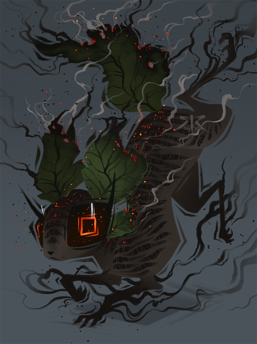 A four legged creature with skin like burnt wood, leaf ears and tail, and smoldering eyes on a gray background.