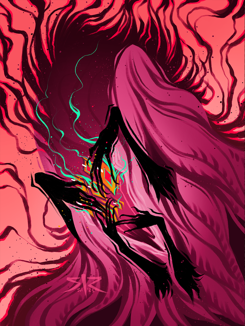 A pink, bird like creature holds four black arms over its face. Smoke pours off of its eyes and body.