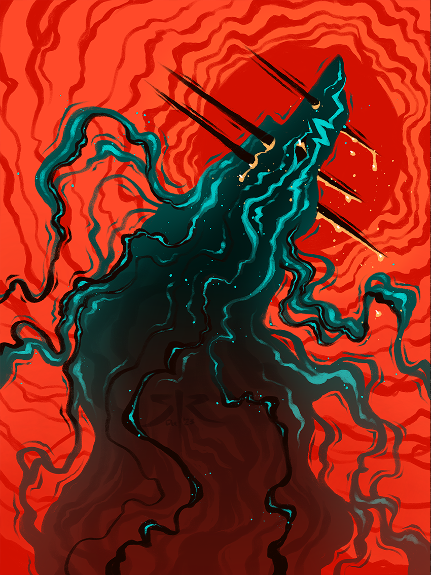 A dark teal, smoky creature with a wolf like head rises toward a red sun. Black spikes pierce its head.