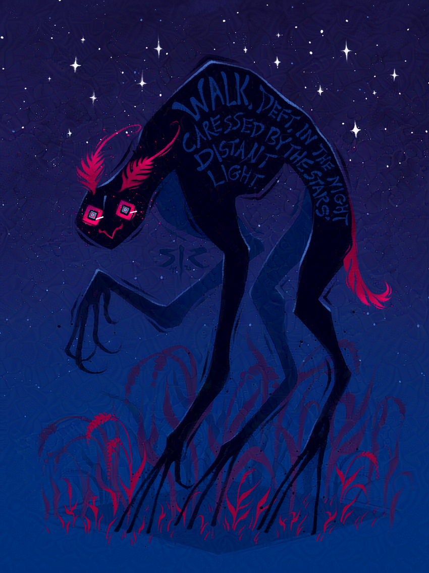 A tall, spindly black creature walks on tiptoes through pink grass in a dark, starry night.