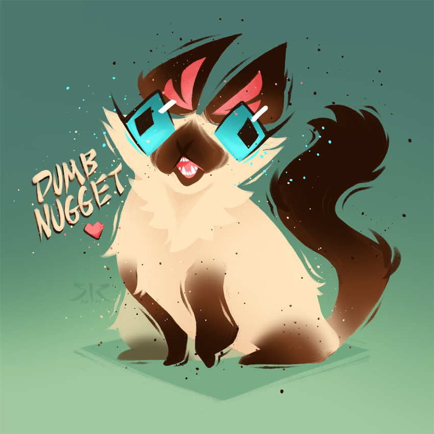 A wall-eyed, long-haired Siamese or Himalayan cat on a green background. Features text: "Dumb Nugget".