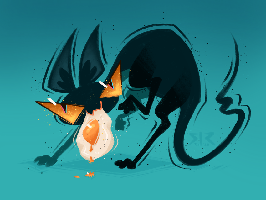 A skinny black cat tiptoes away with a stolen fried egg in its mouth. Blue background.