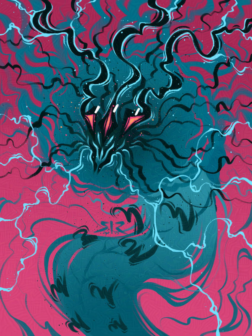 A large, teal, bug-like creature with a long body on a pink background. Electric effects shoot off of its head.