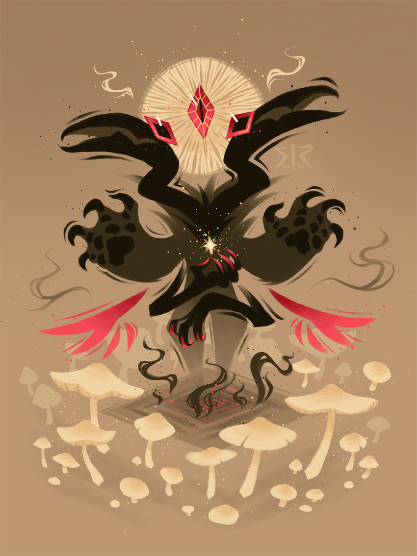 A black creature with pink nails, eyes and wings. It has two bird heads, four arms, and a floating evil eye above. Surrounded by a mushroom ring. Tan background.