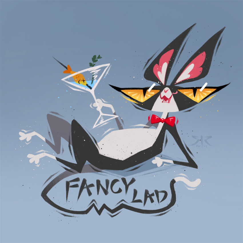 A tuxedo cat wearing a red bow tie reclines on its back, holding a martini with a fish in it. Features text: "Fancy Lad".