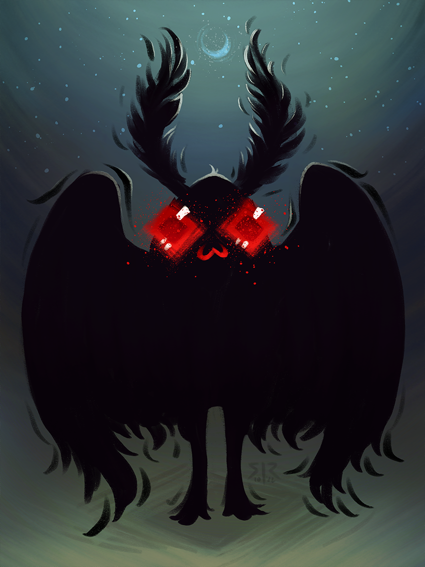A cutesy Mothman with big shiny red eyes and a 'w' shaped mouth against a night sky background.