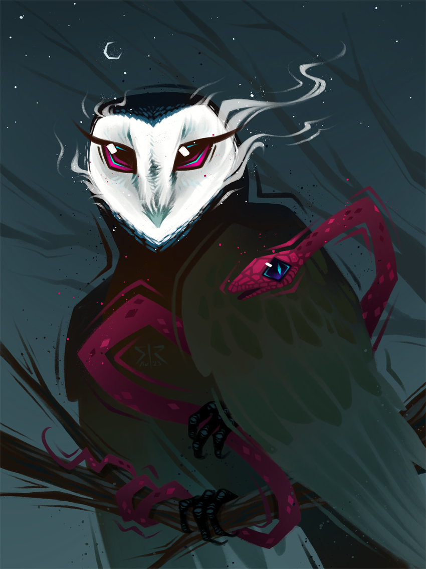 A black barn owl with a white face holds a dark pink snake in one claw as it perches on a branch over a blue background.