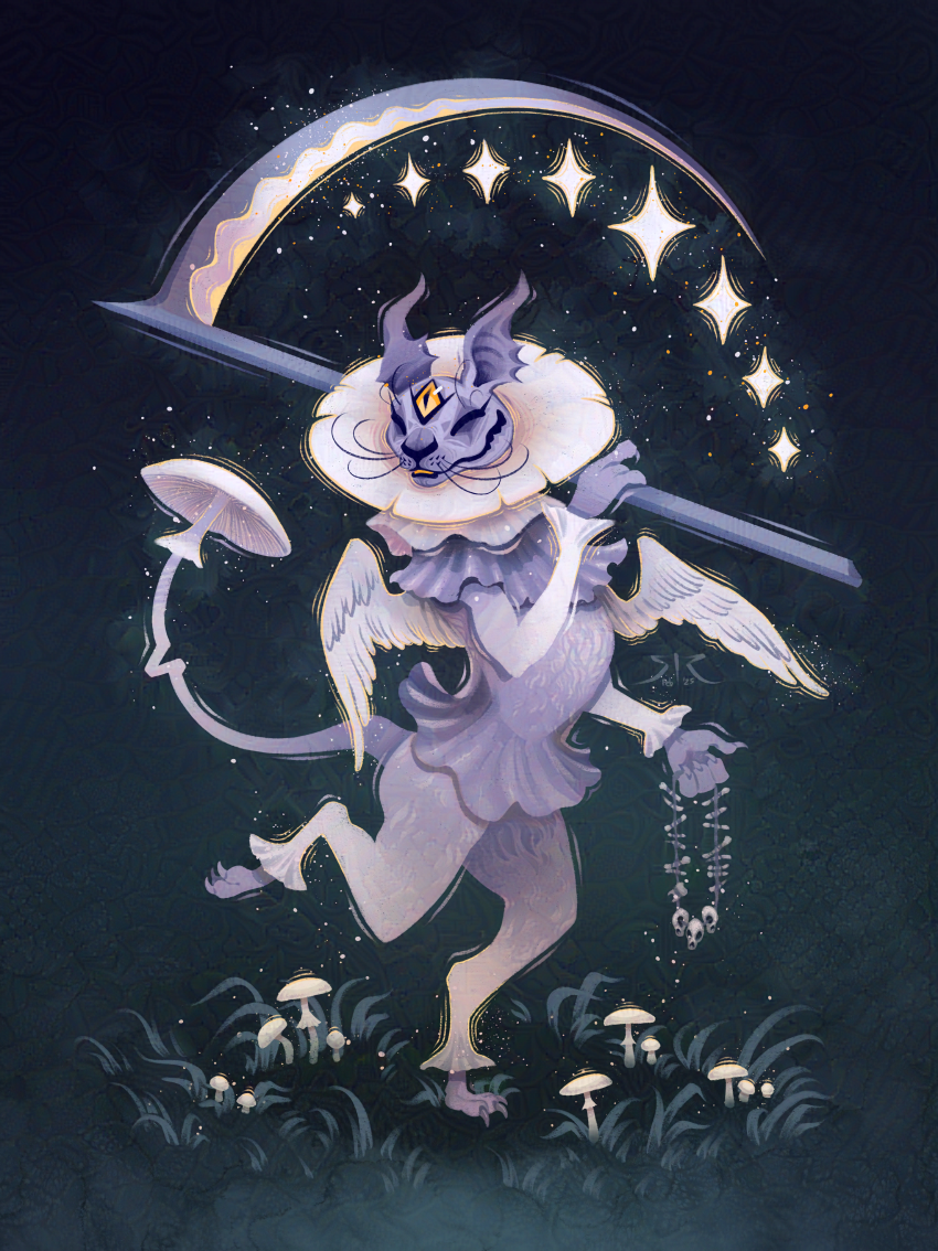 A lavender and white cat imp with angel wings, a mushroom neck ruff, and mushroom tail the shape and character of the destroying angel mushroom prances against a blue background holding a scythe and a necklace of bones. The creature has a third eye in the center of its forehead and stars trace the curved blade of the scythe.