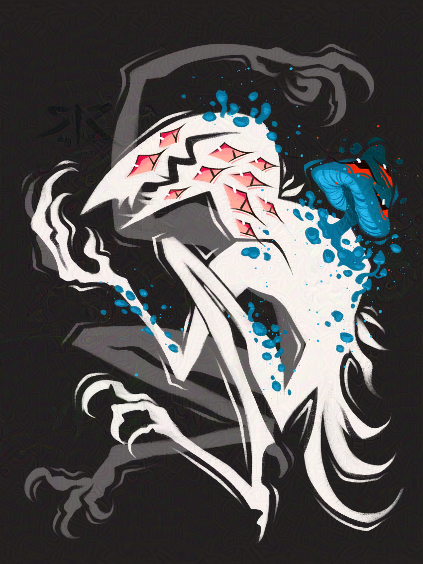 A white creature with a bird like head and many pink eyes reaches toward its back where a blue mushroom with eyes is growing. gray background.
