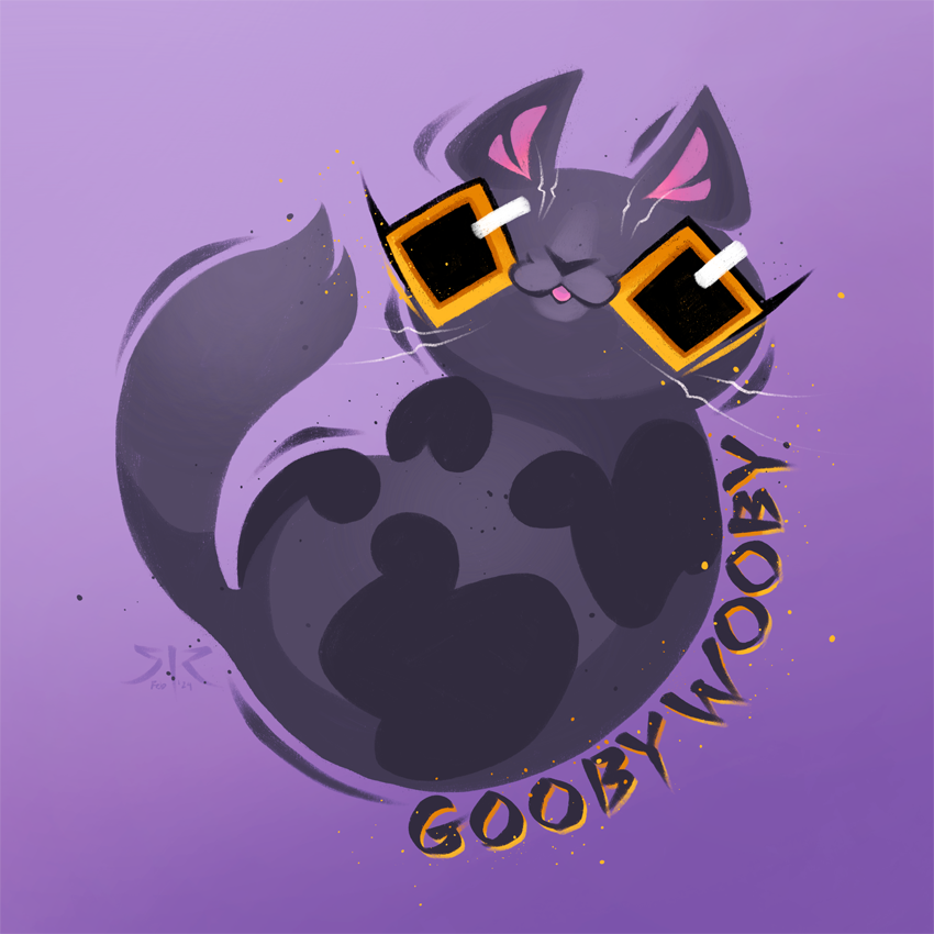 Gray British shorthair cat with yellow eyes on a purple background. Features text: "Gooby Wooby".