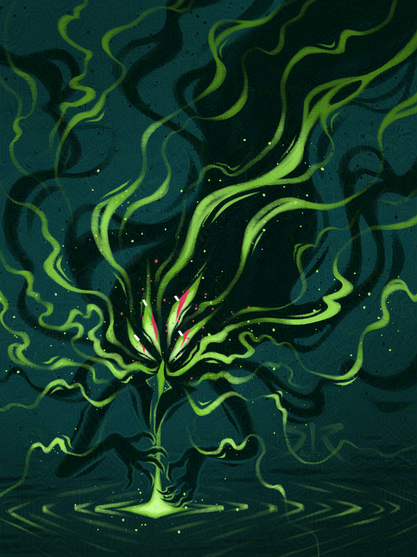 A smoky black and green spirit floats down over water with extended arms. Glowing liquid pours from its mouth.