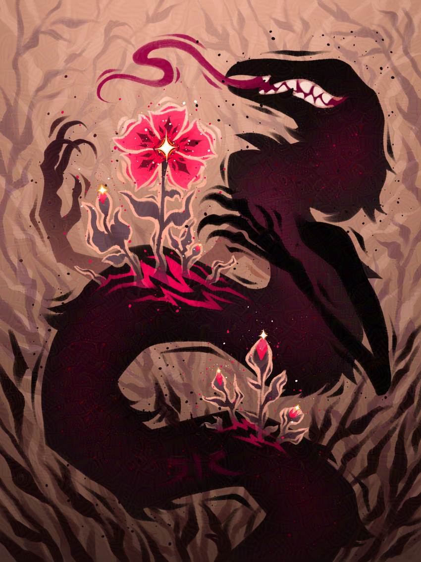 A black, furry worm coils against a tan background with foliage. Pink flowers grow from wounds in its body.