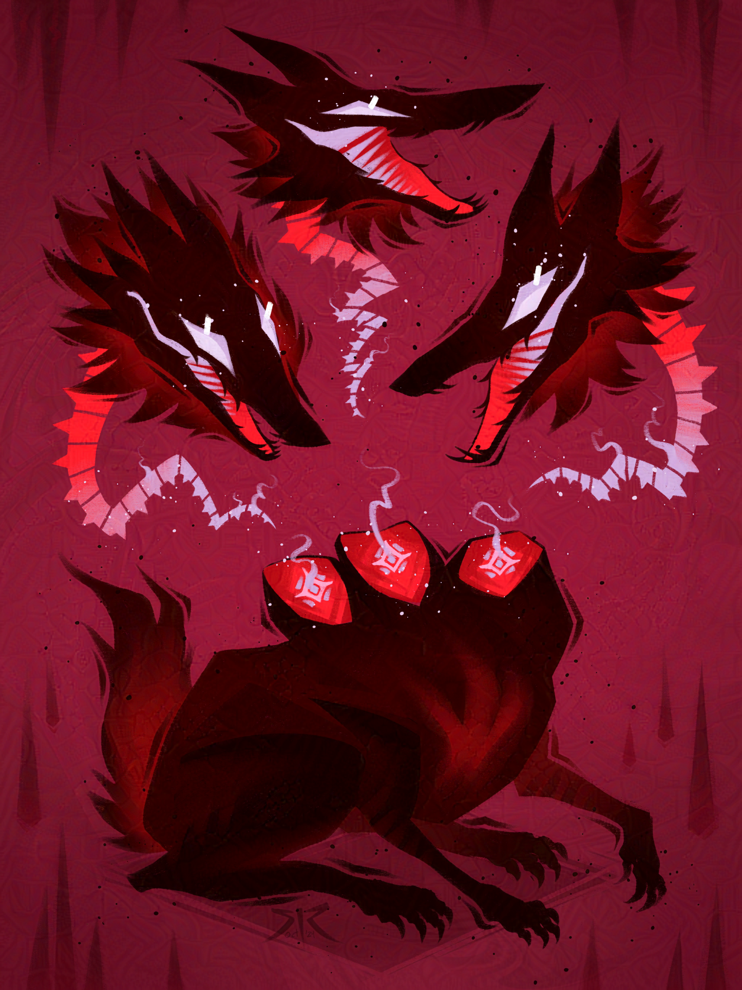 A scruffy black dog body sits below three floating dog heads with white eyes and dangling ephemeral spines. Red background.