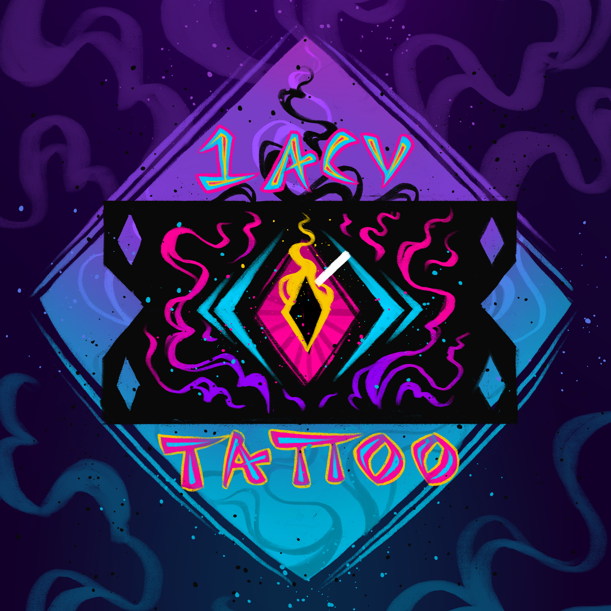 Black ticket with a vivid pink eye in the center on a blue and purple background. Features text "1 ACV Tattoo".