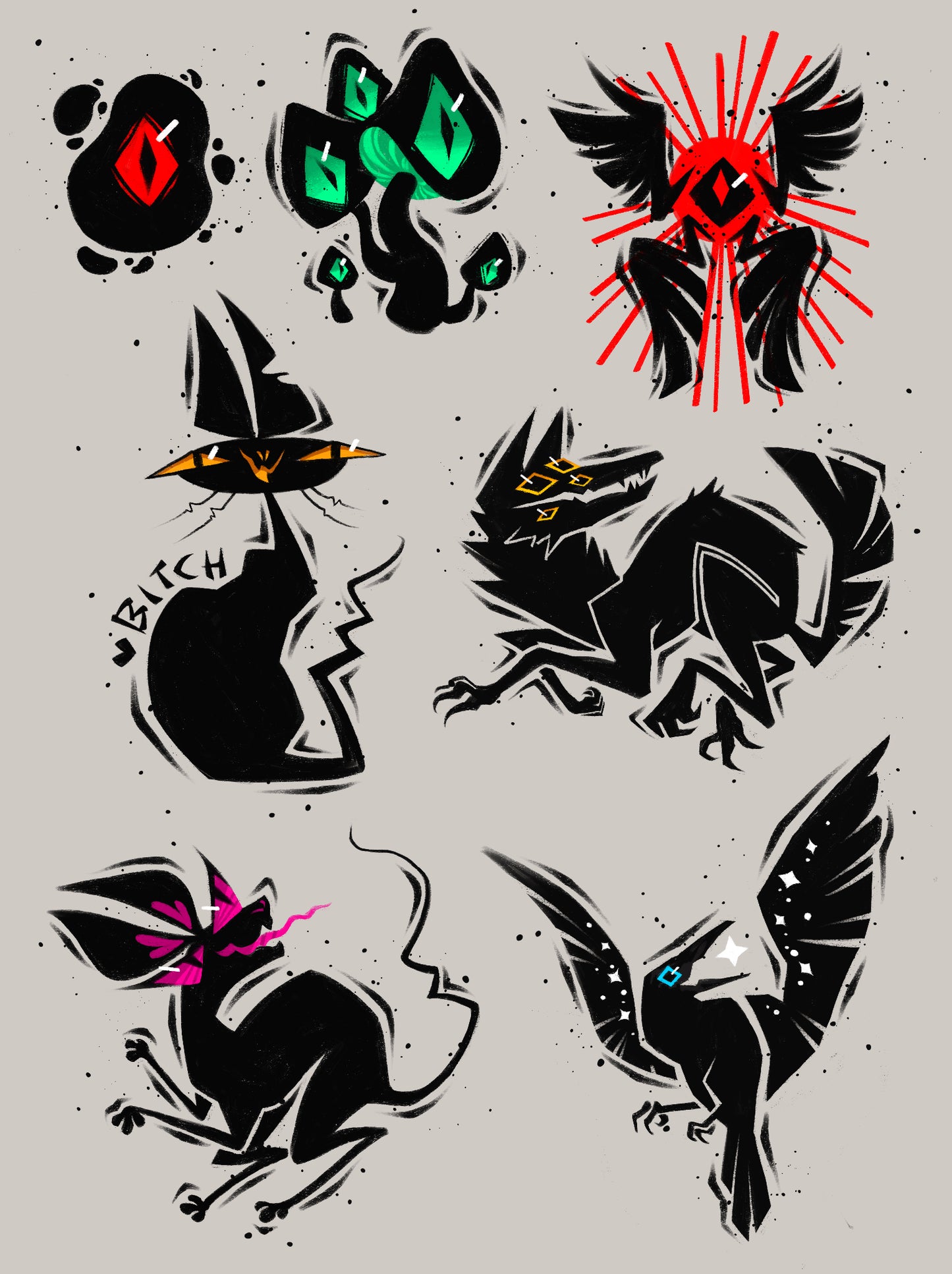 Flash Sheet 1. Features an assortment of small 2-3 color tattoo designs of creature silhouettes in black with colored accents.