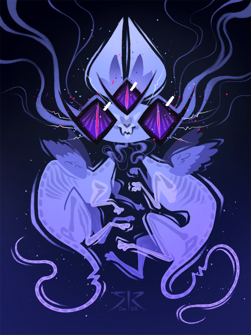 Light purple monstrous cat with two bodies, wings, one head, three eyes. Dark purple background.