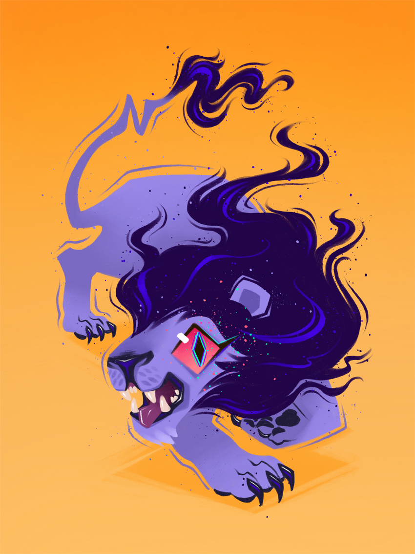 A blueish purple lion prances on a yellow background.
