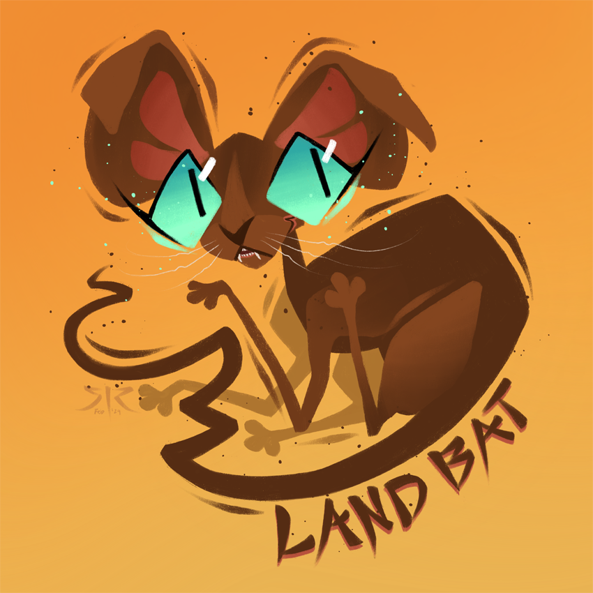 A skinny brown cat with huge ears that fold forward on a yellow background. Features text: "Land Bat".