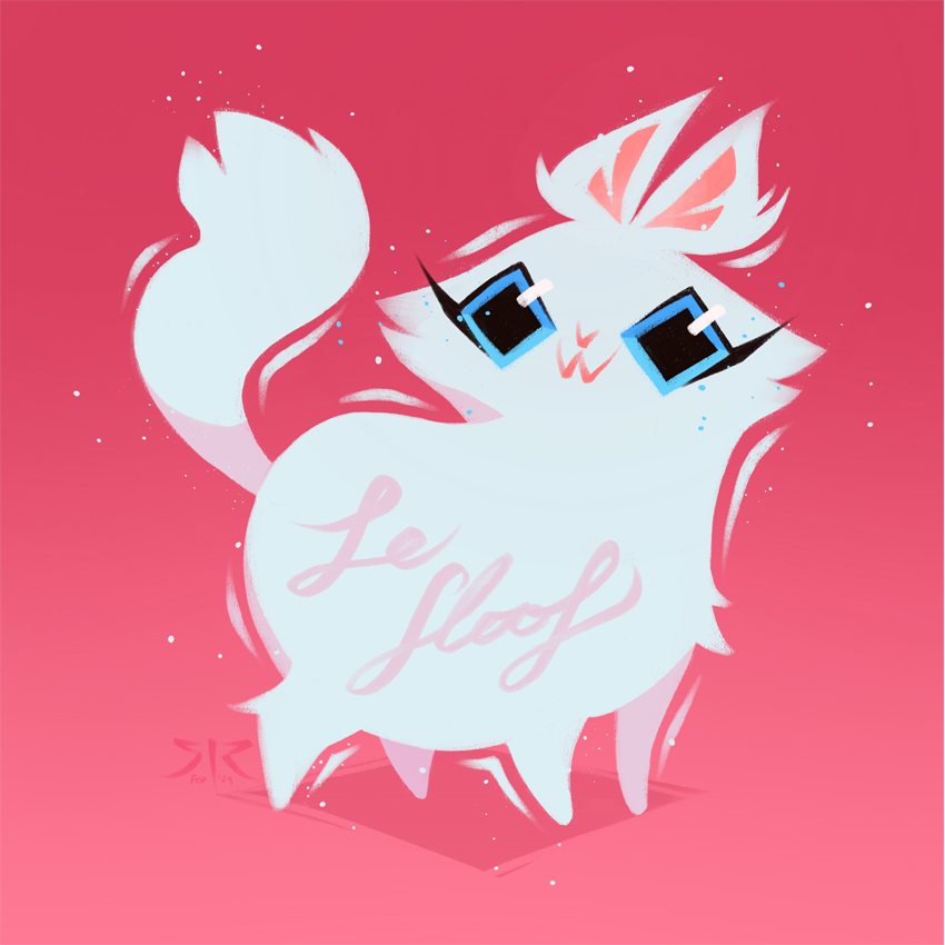 A fluffy white cat with blue eyes on a pink background. Features cursive text: "Le Floof".