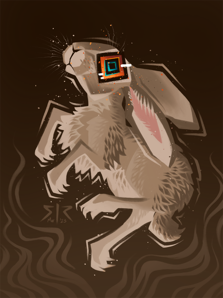 Brown hare with orange and blue eye floating upright on a brown background.