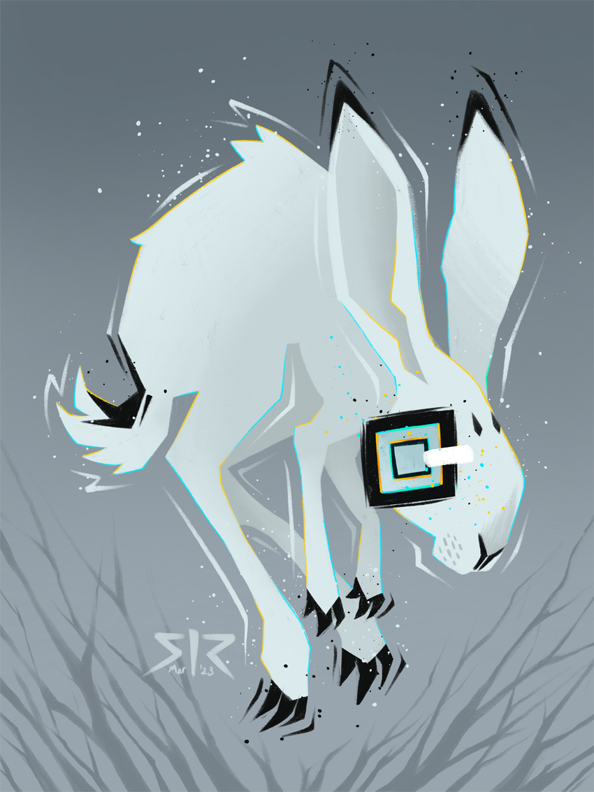 A white hare with a wide, staring pale blue eye floating on a light gray background.