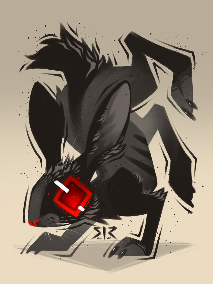 Black hare standing on front paws with a red eye on an ivory background.