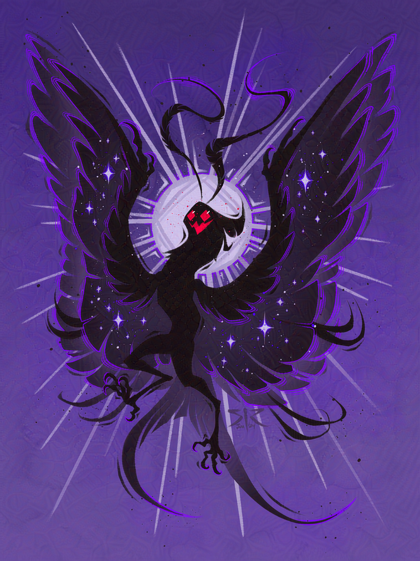 Mothman, black with huge wings, bird legs, a swallow tail, and long antennae on a purple background.