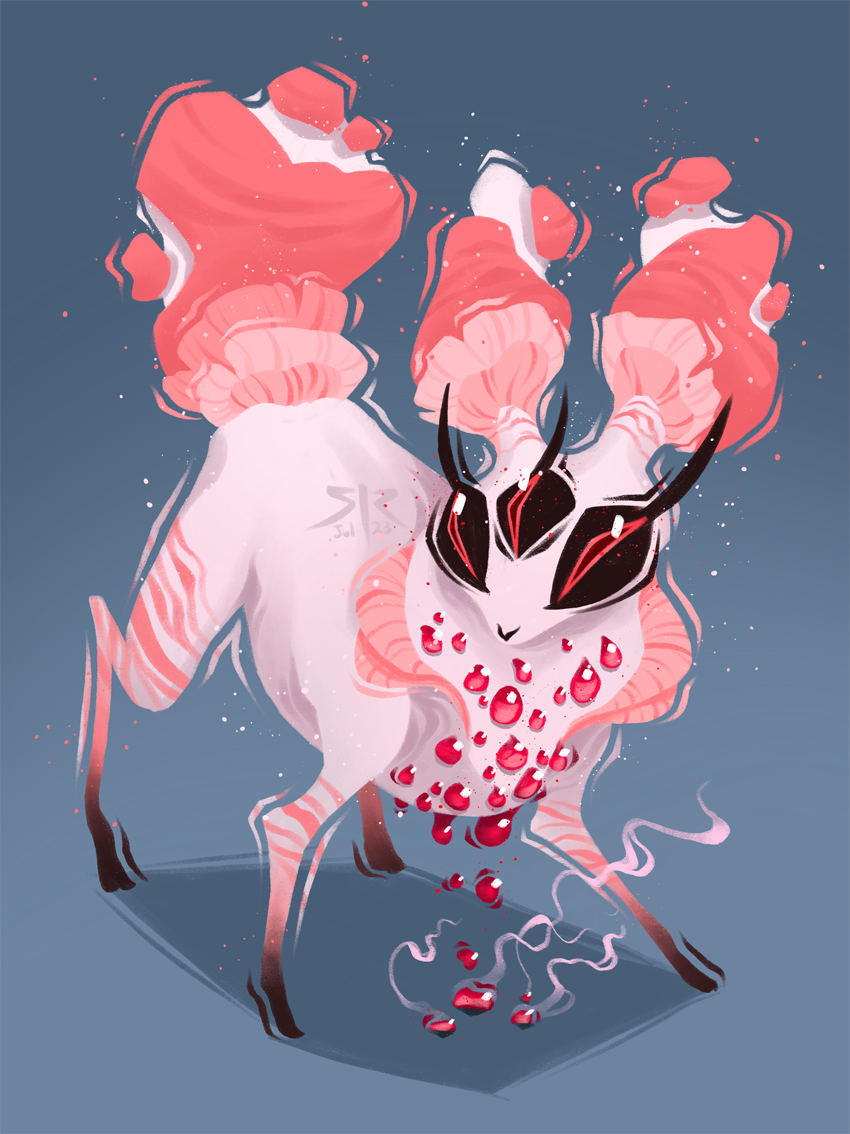 A white, four legged creature with three eyes and pink fungal growth on ears, tail, neck. red droplets of goo form on the neck and chest. blue background.
