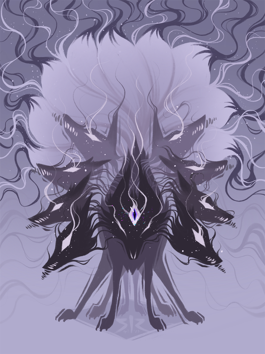 A purple fox demon with nine heads, nine tails, and eight legs on a pale purple background.