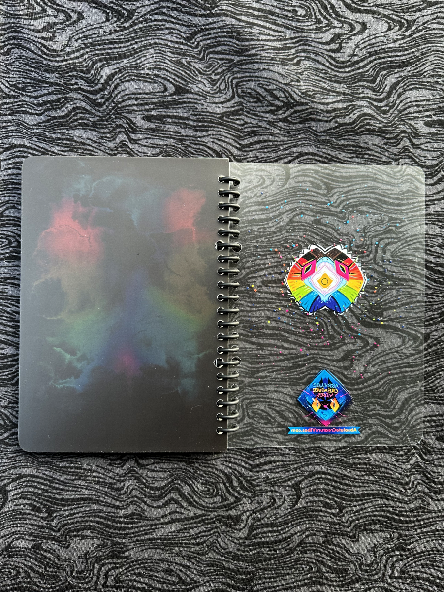 Back cover plastic sheet opened to the right with cardstock background page opened to the left.