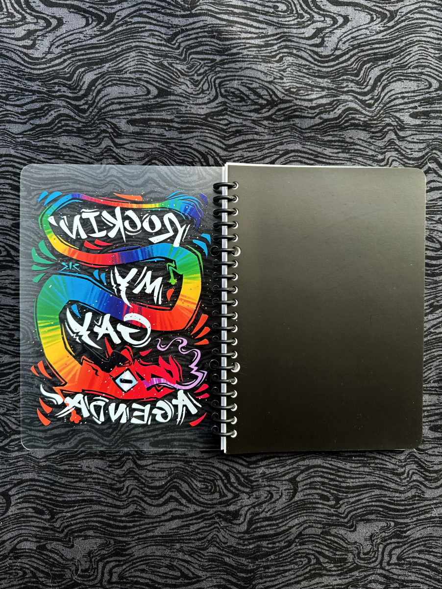 Front cover plastic sheet opened to the left with cardstock background page opened to the right.
