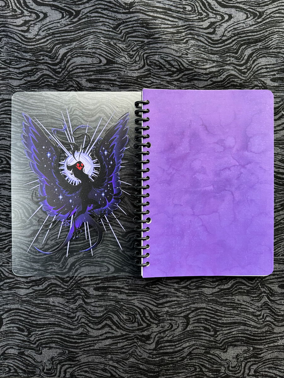 Front cover plastic sheet opened to the left with cardstock background page opened to the right.