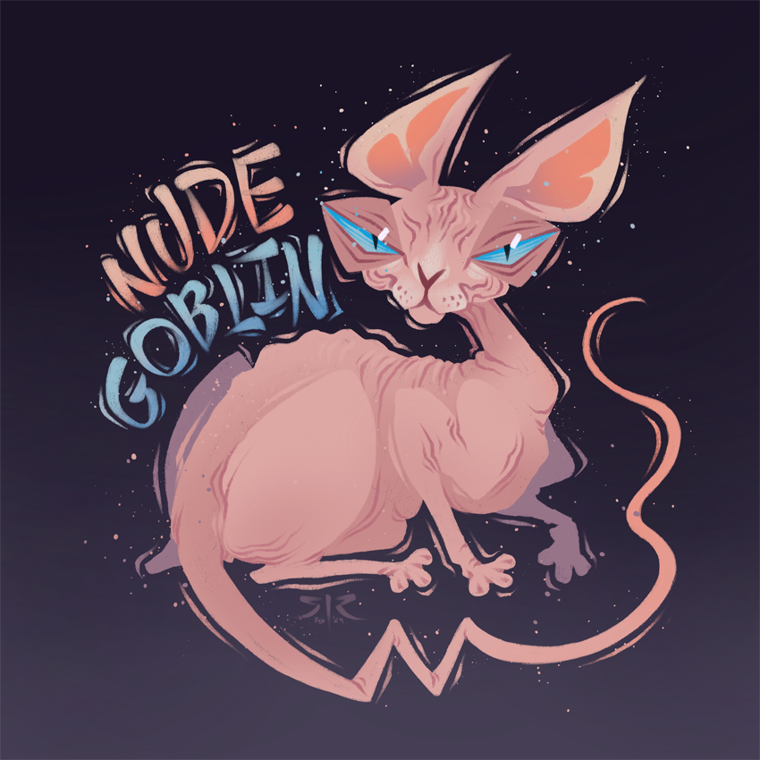 A pink sphinx cat with blue eyes on a dark purple background. Features text: "Nude Goblin".