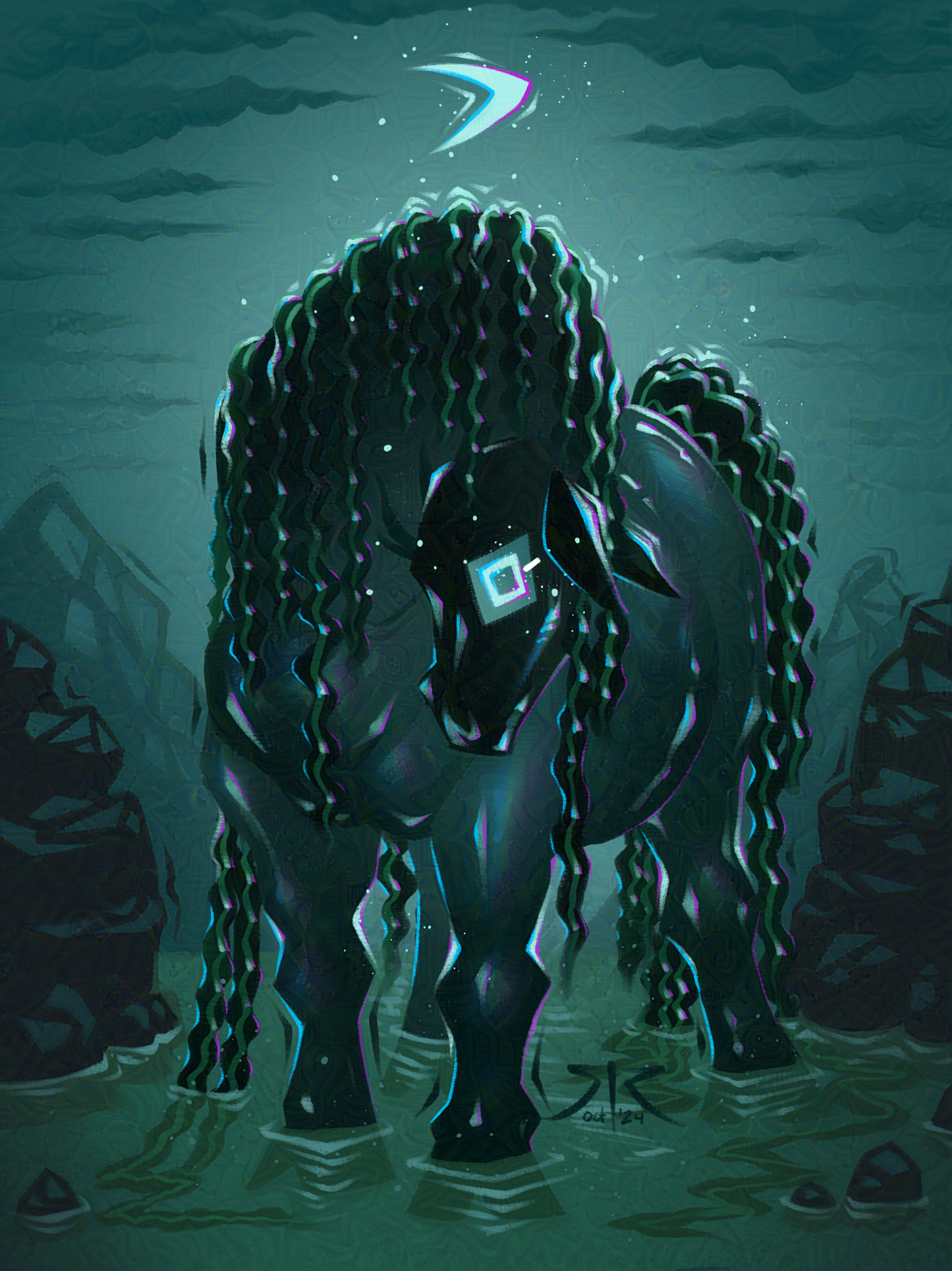 A huge, muscular, black horse with seaweed hair and tail stands in a tide pool on a cloudy night, staring at viewer.