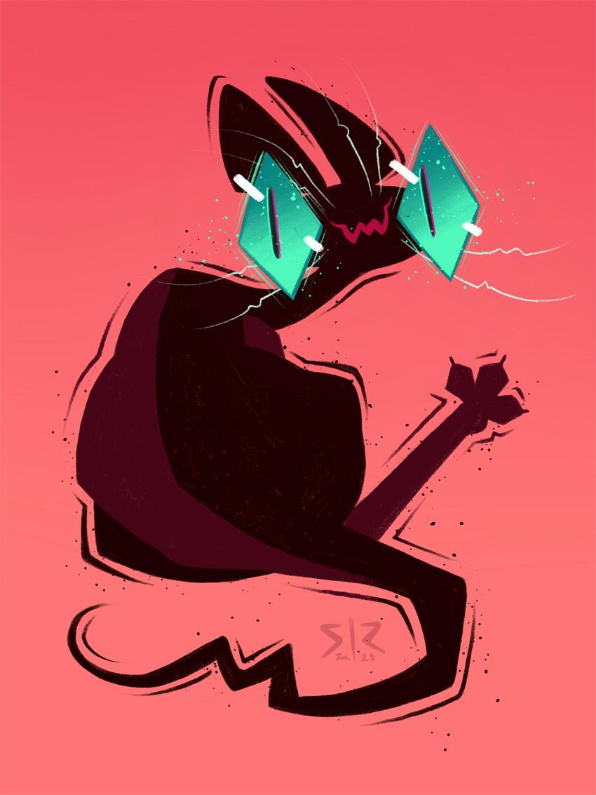 A black cat with green eyes looks up from licking its butt on a coral pink background.