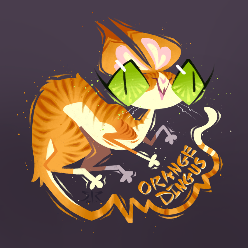 An orange tabby with green eyes on a purple background. Features text: "Orange Dingus".