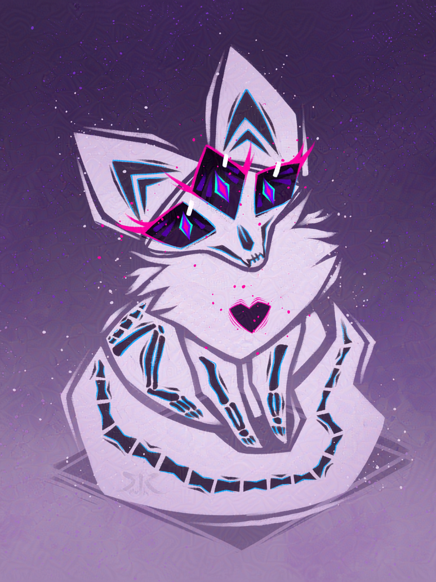 A white fluffy fox with three purple eyes on a purple background. Its skeleton is visible in black.
