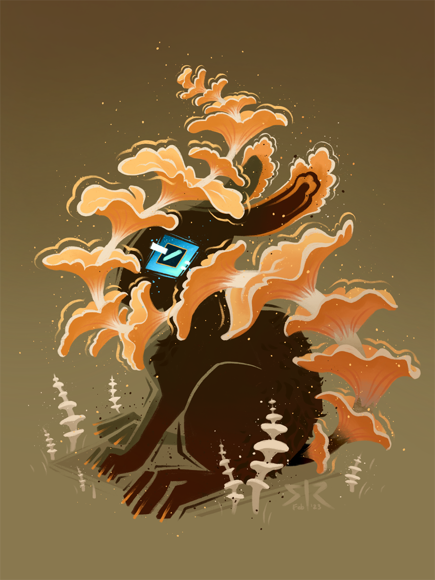 A black rabbit with a long tail made of frilly orange mushrooms looks at the viewer with a bright blue eye. Olive green background.