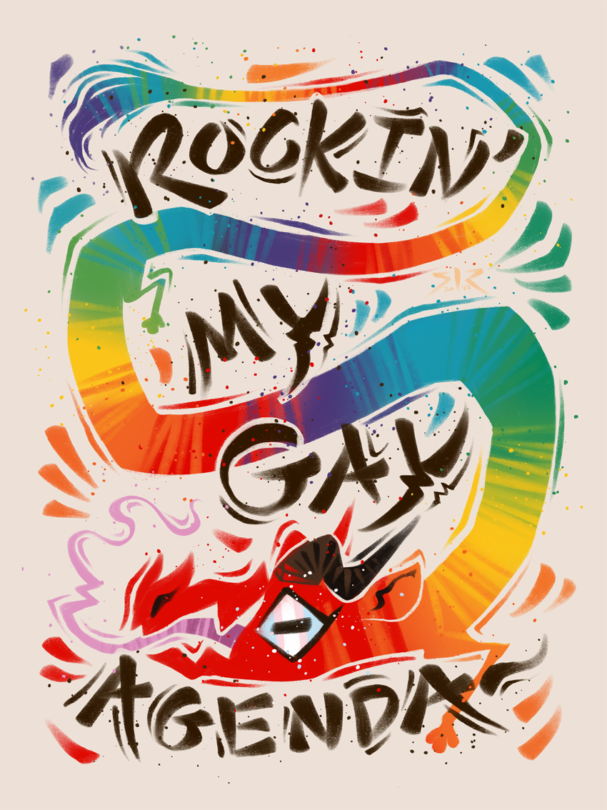 A rainbow dragon on an ivory background. Features Text: "Rockin' My Gay Agenda".